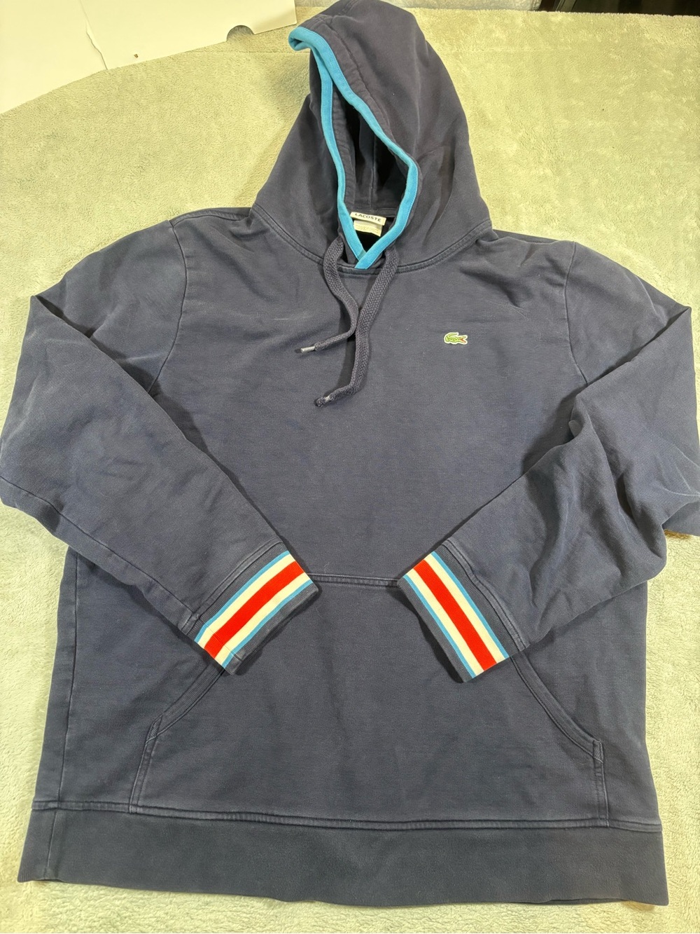 Lacoste Navy Blue Pullover Hoodie Striped Cuffs Size 8 / 3XL